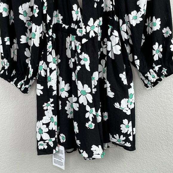 Topshop Black Daisy Floral Linen Long Sleeve V-Neck Short Romper 8/10 Medium NWT - Picture 11 of 14